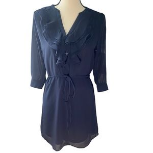 NWT H&M Mid-sleeve Ruffled Navy Blue Career Flared Dress Tied Waist Size 10